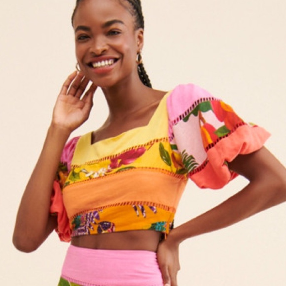 FARM Rio x Anthropologie Rainbow Boho Linen Blend Patchwork Crop Top Puff Sleeve